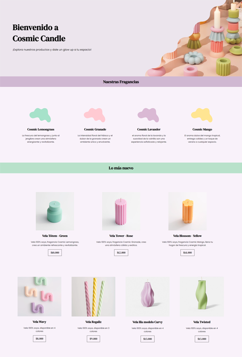 screenshot de landing page de velas