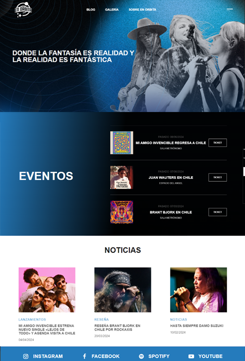 screenshot de landing page de productora de eventos musicales